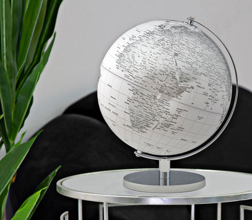 Mappamondo girevole chiaro con base in metallo per decorazione interni h 34 cm