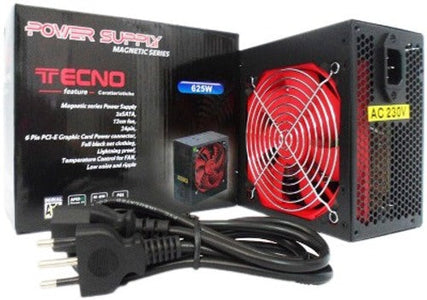 Alimentatore Tecno 625 Watt Big Fan - 1 connettore alimentazione standard 12V MB 20/24 (20+4 pin) - Interruttore di accensione - Elevata MTBF - colore nero - Ventola con controllo di temperatura