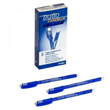 Penna con Inchiostro Cancellabile Tratto Cancellik - con doppia gomma incorporata molto resistente - 12 pezzi - Blu