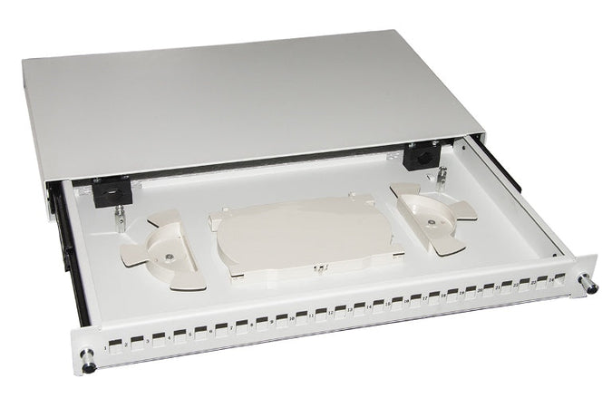 CASSETTO FIBRA OTTICA 24 PORTE PER ADATTATORI LC DUPLEX E SC SIMPLEX 1 UNITA' PER INSTALLAZIONE 19" GRIGIO CON BINARI TELESCOPICI (LKFO24GR)