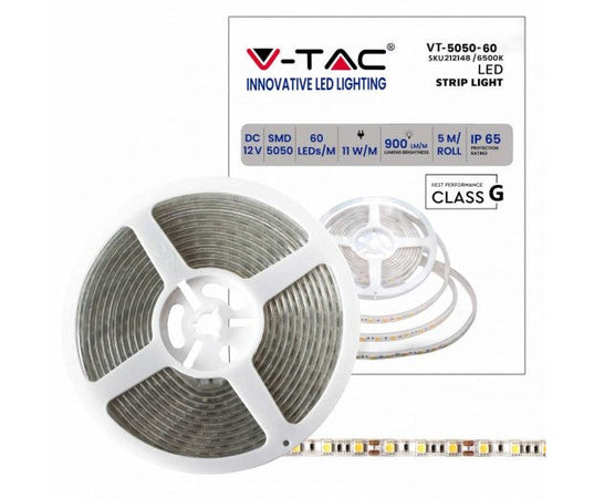 STRISCIA LED VT-5050-60 60LED/MT 12V STRIP 5MT 11W/M BIANCO FREDDO 6500K IP65 (212148)