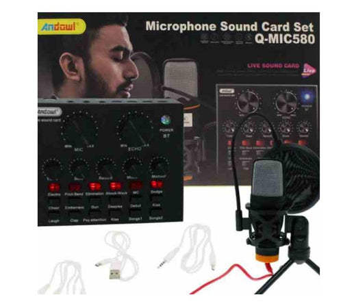 Microfono Con Set Schede Audio Andowl Q-Mic580 - Con Base Appoggio - Adatto Per Podcasting, Vlogging, Videochiamate, Registrazioni, Ecc.
