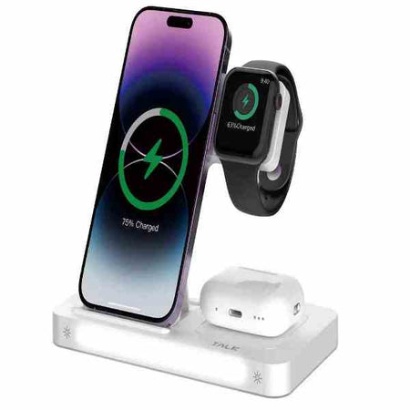 Stazione di ricarica magnetico wireless triplo - da viaggio pieghevole - 15 W - per Apple iPhone, Airpods - Funzione lampada da notte - bianco