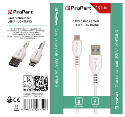 Cavo Lightning - Tipo-A - 2.4A 5V - 1.5mt Carica Rapida e dati - Bianco