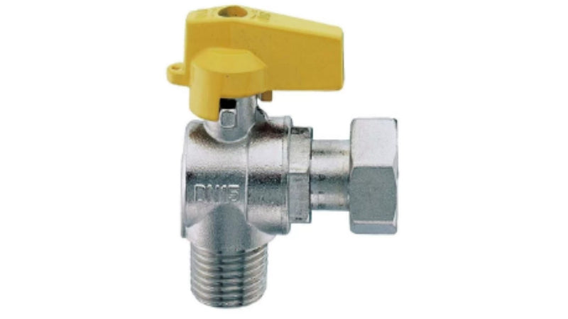 RUBINETTO PER GAS A SQUADRA CON DADO GIREVOLE - RACCORDO M1/2"xF3/4"
