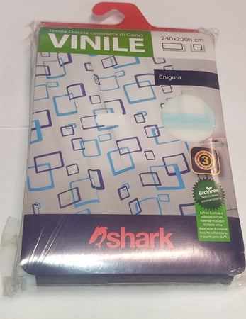 SHARK - TENDA DA DOCCIA COMPLETA DI GANCI IN VINILE LINEA "ENIGMA" 240x200h cm - COLORE BIANCO CON DECORAZIONI BLU