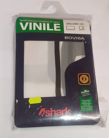 SHARK - TENDA DA DOCCIA COMPLETA DI GANCI IN VINILE LINEA "BOVISA" 180x200h cm - COLORE BIANCO CON SCRITTE NERE/ROSSE