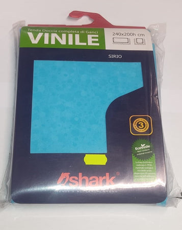 SHARK - TENDA DA DOCCIA COMPLETA DI GANCI IN VINILE LINEA "SIRIO" 240x200h cm - COLORE AZZURRO