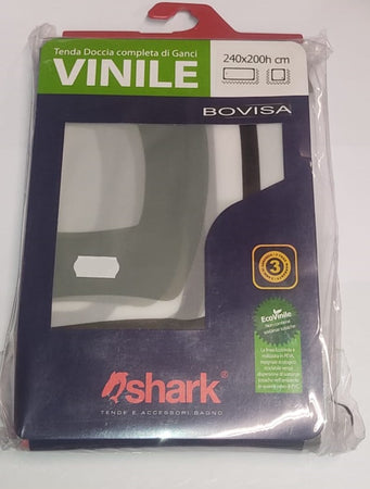 SHARK - TENDA DA DOCCIA COMPLETA DI GANCI IN VINILE LINEA "BOVISA" 240x200h cm - COLORE BIANCO CON SCRITTE NERE/ROSSE