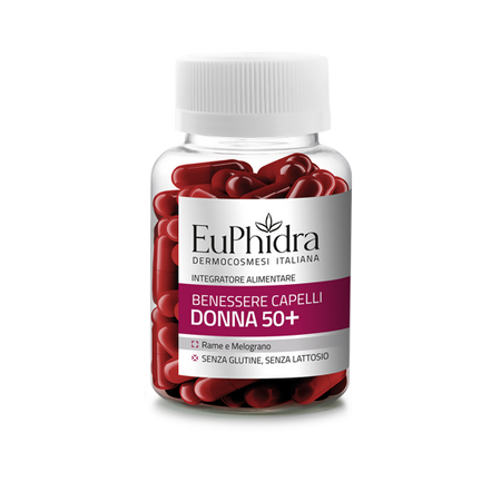 Euphidra - Benessere Capelli Donna 50+ Rame e Melograno Senza glutine, senza lattosio - integratore alimentare confezione doppia 60+60 capsule