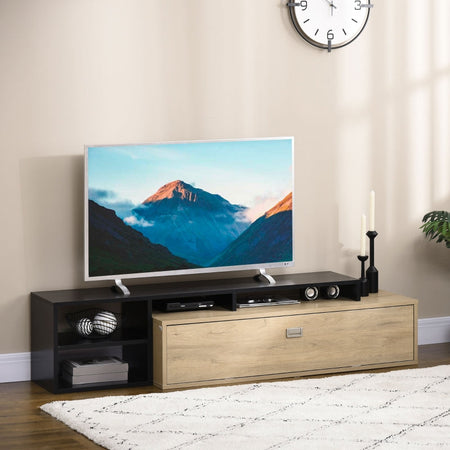 Mobile TV 32"-65" con Ripiano Rimovibile e Armadietto con Anta Ribaltabile in MDF, 163x40x38 cm, color Legno e Nero soggiorno salotto camera D4D839-583V00AK4F4