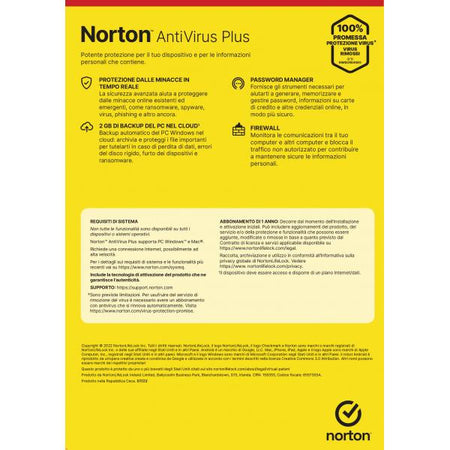 NORTON ANTIVIRUS PLUS 2GB IT 1 USER 1 DEVICE 1Y VECCHIO CODICE 21397559