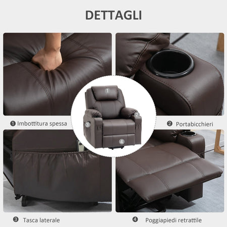 F713-096BNA poltrona relax anziani disabili massaggiante alza persona poltrona letto elettrica con telecomando 8 punti massaggio alzata assistita in pelle e gommapiuma imbottita reclinabile massaggi marrone porta bicchiere poggiapiedi