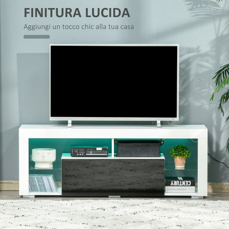 Mobile Porta TV con Luci a LED e Telecomando Bianco e nero lucido con cassettone F839-126V90BKA ,  soggiorno salotto marrone alto basso grigio cassetti design da terra parete grande tavolino ingresso moderno muro parete attrezzata sala