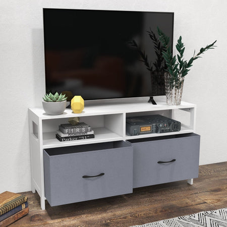 Mobile TV 50" max in MDF e Tessuto non Tessuto con 2 Cassetti e 2 Ripiani, 100x30x53 cm, Bianco e Grigio F839-776V80WTA