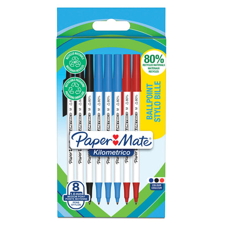 Astuccio 8 Penne Sfera C/Cappuccio Kilometrico Recycled 1.0Mm Col.Ass Papermate