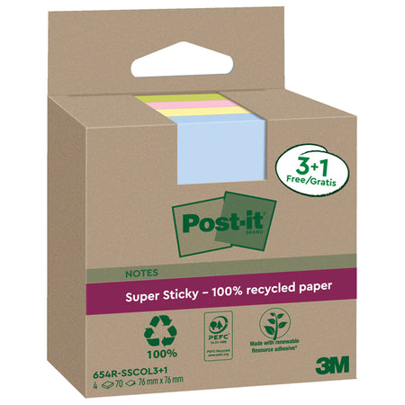 Cf. 3+1Pz Blocco 70Fg Post-ItSupersticky Green 76X76Mm 654R-Sscol3+1 Pastello