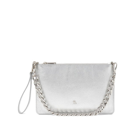 Frau pochette in pelle laminata argento con catena B461