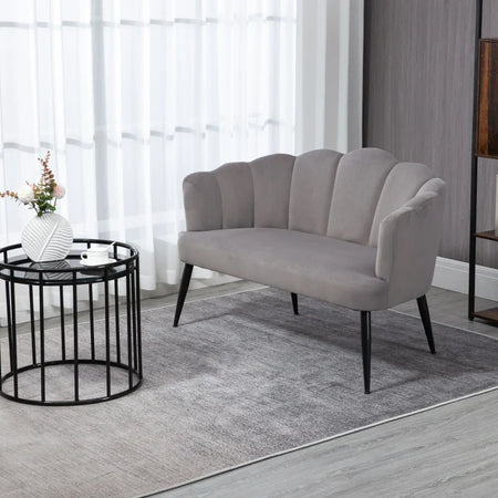 Divano 2 Posti in Velluto con Gambe in Metallo e Schienale a Conchiglia, 132x66x80cm, Grigio RF2839-483V00CGHG2