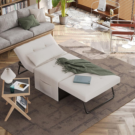 Divano Poltrona Letto 4Funzioni Pieghevole Salvaspazio Poggiapiedi Tasca Laterale Beige