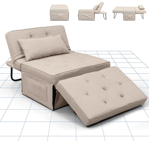 Divano Poltrona Letto 4Funzioni Pieghevole Salvaspazio Poggiapiedi Tasca Laterale Beige