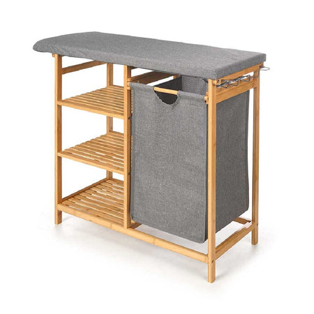 Asse da Stiro con Cesto Portabiancheria in Legno di Bambù 3ripiani 111x34x82 cm Grigio
