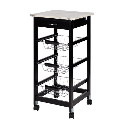 Carrello Cucina Legno 3 Cestelli Acciaio Top Effetto Marmo 1 Cassetto Salvaspazio