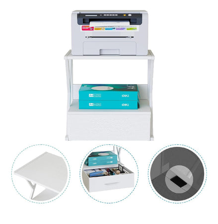Scaffale Supporto Ufficio Porta Stampante con Cassetto Metallo e Legno Bianco 54cm