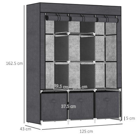 Armadio in Tessuto Pieghevole con Cassetti e Ante Avvolgibili con Zip, 125x43x162.5cm