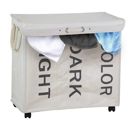 Porta Biancheria 3 Scomparti in tessuto Oxford 4 ruote Pieghevole 65x35x57cm Beige