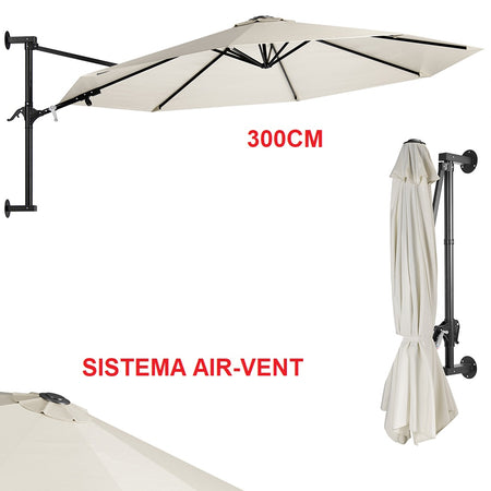 Ombrellone a Parete 300cm 8 stecche 180GR/MQ Sistema Air-Vent con Manovella Beige