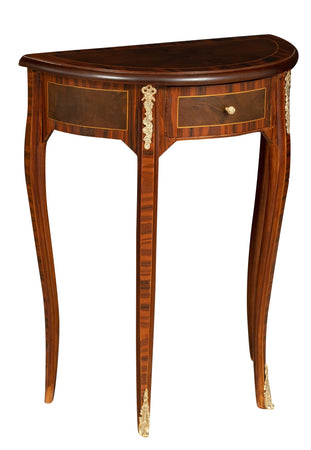 Biscottini Tavolino Consolle in legno impiallacciato noce arricchito con particolari intarsi fatti a mano e decori in bronzo