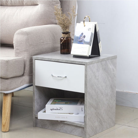 Comodino Bicolore 1 Cassetto e Ripiano Inferiore Design Moderno H41cm Bianco Cemento