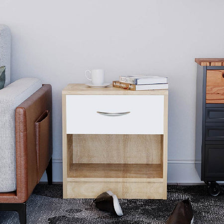 Comodino Bicolore 1 Cassetto e Ripiano Inferiore Design Moderno H41cm Bianco Quercia