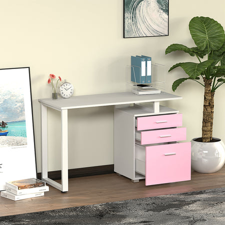 Scrivania in Legno con Cassettiera integrata Porta Pc Computer 120x50cm Rosa Bianco