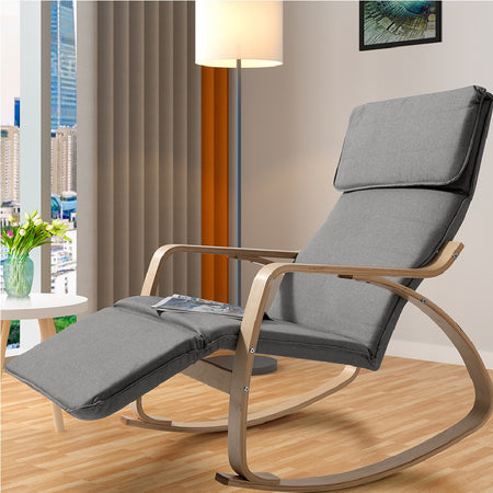 Poltrona a Dondolo in legno di Betulla con Poggiapiedi Regolabile 67x120x90cm Grigio