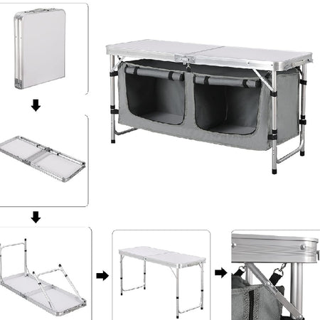 Tavolo Campeggio Multifunzione In Alluminio Pieghevole 120x47 H 61/69cm Salvaspazio