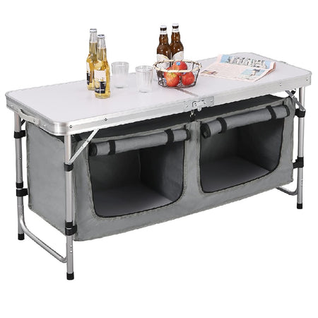 Tavolo Campeggio Multifunzione In Alluminio Pieghevole 120x47 H 61/69cm Salvaspazio