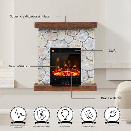Camino Elettrico con Fiamma Realistico Telecomando Riscaldamento 2000W 60x23H66cm