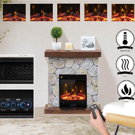 Camino Elettrico con Fiamma Realistico Telecomando Riscaldamento 2000W 60x23H66cm