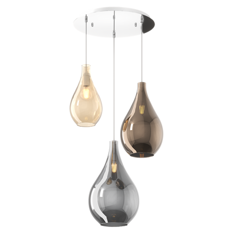 Sospensione Contemporanea Drop Rosone Tondo Metallo Cromo Vetro Mix 3 Luci
