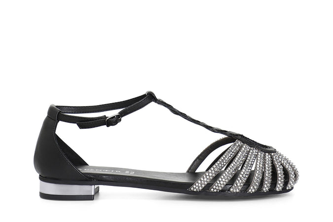 SANDALO A T IN PELLE CON MICROSTRASS