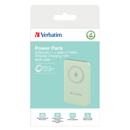 VERBATIM POWER BANK WIRELESS MAGNETICO 5000 mAh VERDE