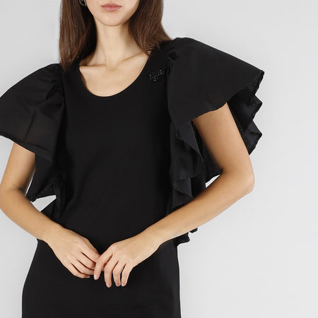 ABITO BIMATERIALE CON RUCHES ALLE SPALLE