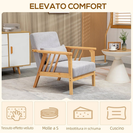Poltrona Moderna con Rivestimento Vellutato e Struttura in Legno, 68x75x78cm, Grigio poltroncina sedia salotto soggiorno camera ufficio studio F839-593V00GYA