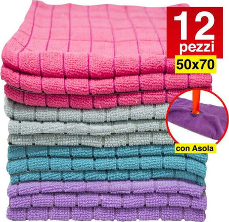 12-Panni-Microfibra-50x70-Cm-Senza-Asola-Panno-Pulizia-Multiuso-Lava-Pavimenti