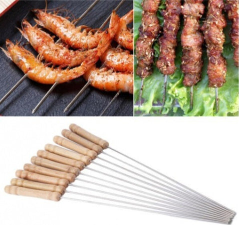 12-Spiedini-Manico-Legno-Da-Barbecue-In-Acciaio-25-Cm-Griglia-Brace-Arrosticini