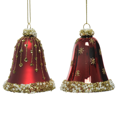 Pendenti per albero di Natale in vetro Campana Rosso Scuro con glitter oro da 8 cm, confezione da 2 pezzi