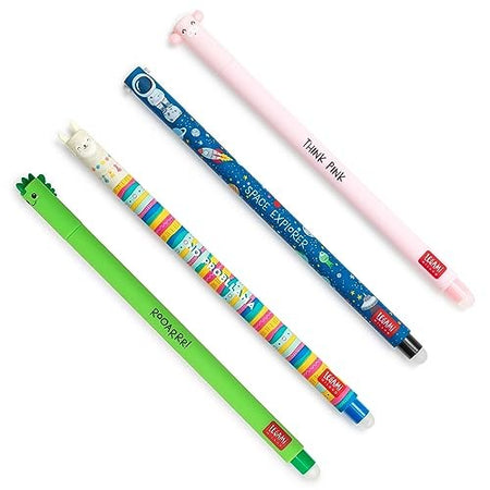 Legami, Set di 4 Penne Gel Cancellabili tema Dino, Piggy, Space, Llama