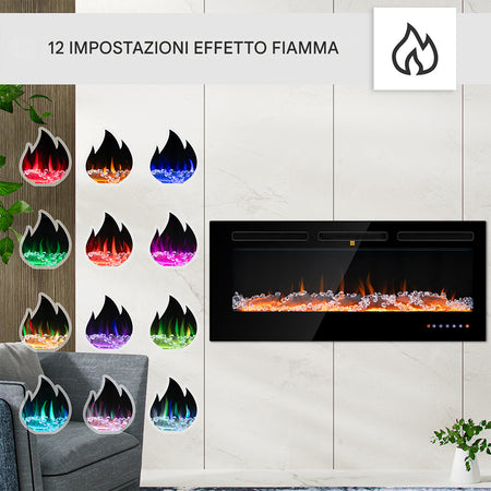 Camino Elettrico a Incasso Riscaldante Parete Fiamma Regolabile Telecomando 105cm